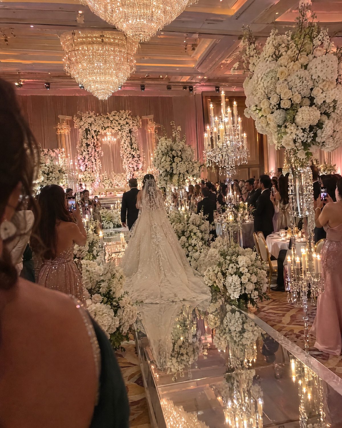 Bride walking a mirrored aisle in a Dubai hotel ballroom under crystal chandeliers